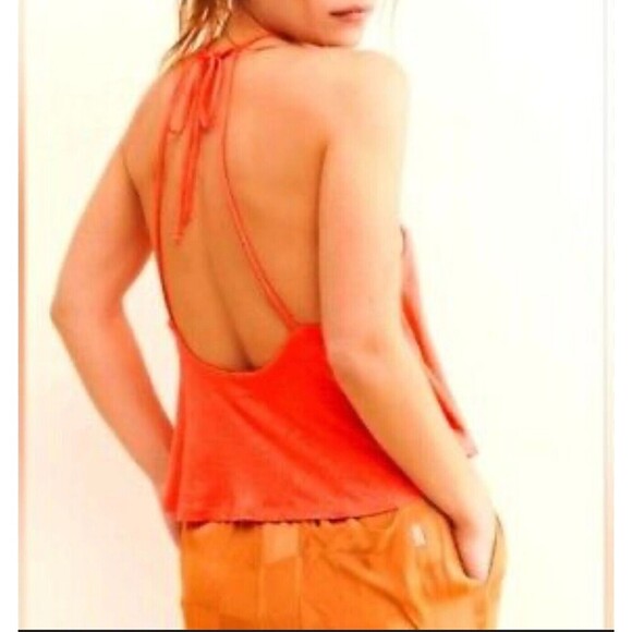 FREE PEOPLE Halter Crop Tank Top Women S Coral Orange Linen Blend Open Back Boho - Picture 4 of 9